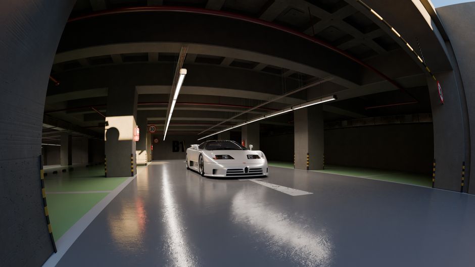 A sleek white sports car parked in a well-lit underground parking garage.